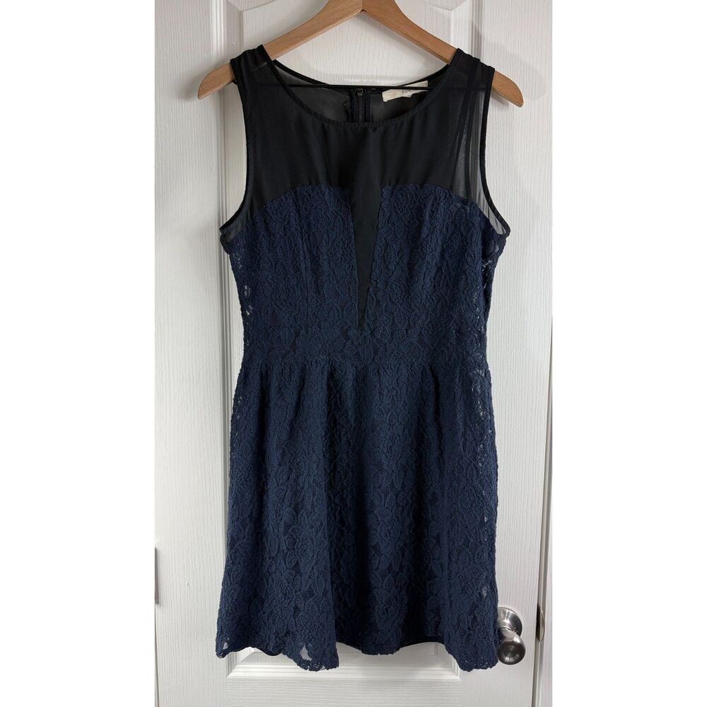 Rewind Juniors Sleeveless Navy Blue Lace Dress Black Mesh Neckline Size L Large